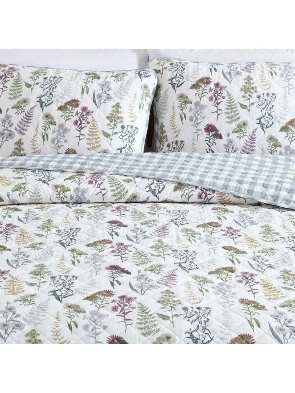 Reversible King Quilt Set - Cotton Bedding, Floral & Plaid Shams, Home Decor